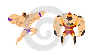 Muscular Wrestler Posing and Striking Engaged in Mixed Martial Arts Fighting Vector Set