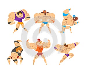 Muscular Wrestler Posing and Striking Engaged in Mixed Martial Arts Fighting Vector Set