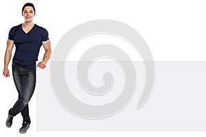 Muscular young man copyspace marketing ad advert bodybuilder empty blank sign isolated on white