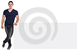 Muscular young man copyspace marketing ad advert bodybuilder empty blank sign isolated on white photo