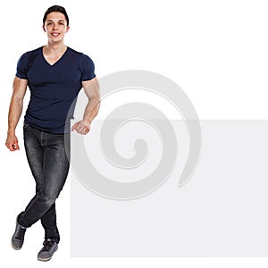 Muscular young man copyspace marketing ad advert empty blank sign isolated on white