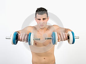 Muscular young man with dumbbells