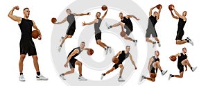 Muscular young man, professional basketball player in motion with ball, playing isolated over white background. Collage