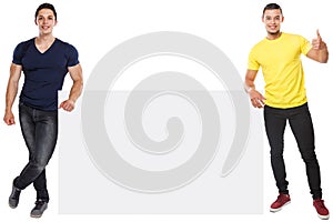 Muscular young men success successful copyspace marketing ad advert empty blank sign isolated on white
