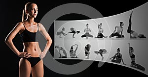 Muscular young woman athlete on black, creative collage