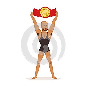 Muscularity wrestler in tricot holding championship belt above his head