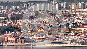 Museu de Arte, Arquitetura and Tecnolocia or MAAT at the Rio Tejo in Belem near museum of electricity aerial timelapse