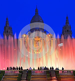 Museu Nacional d'Art de Catalunya and Magic Fountain at dusk, Barcelona, Spain