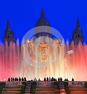 Museu Nacional d'Art de Catalunya and Magic Fountain at dusk, Barcelona, Spain photo