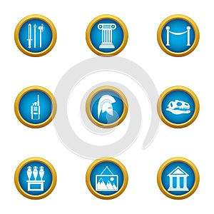 Museum of antiquities icons set, flat style