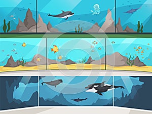 Museum aquarium. Underwater zoo children with parents watching big fishes vector horizontal banner