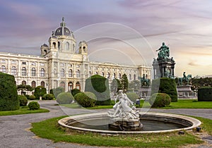 Museum of Art History and Empress Maria Theresia monument at sunset, Vienna, Austria