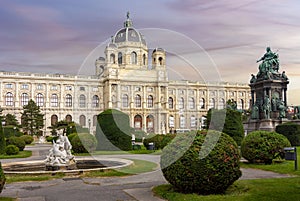 Museum of Art History and Empress Maria Theresia monument at sunset, Vienna, Austria