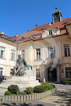 Museum of Danube with statue of writer Mor Jokai on Palatinova street in Komarno