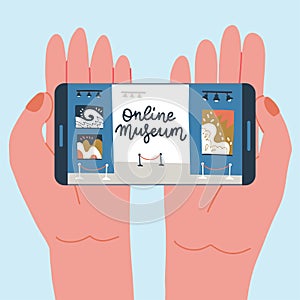 Museum exhibit online concept. Contemporary art gallery. Hands with phone with exibition app on screen. Colorful vector flat