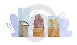 Museum exhibit stuff, glass protective box stand historical ancient showpiece isolated on white, flat vector