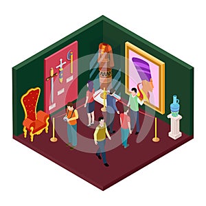 Museum exhibition hall with art objects isometric vector illustration