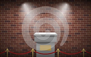 Museum gallery interior with podium stage  rope barrier brick wall light spot vector illustration