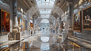 Museum hall interior with paintings, marble statues and shiny floor, expensive classical design. Theme of art, modern luxury