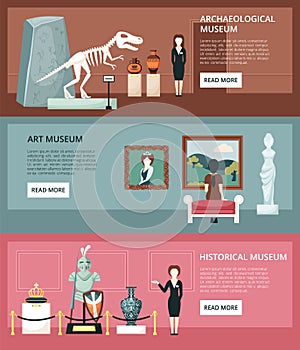 Museum horizontal banners. Archaeological section with dinosaur skeletons antique amphoras art gallery paintings from