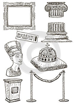Museum icon set, vector ink hand drawn illustration