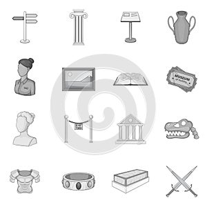 Museum icons set, gray monochrome style