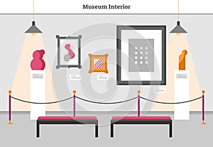 Museum interior vector illustration. Modern exposition room with abstract masterpiece and art. Decorative sculpture and paintings.