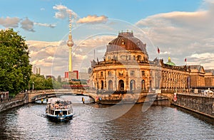 Museum island on Spree river and Alexanderplatz TV tower in cent