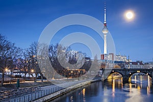 Museum island on Spree river and Alexanderplatz TV tower in center of Berlin, Germany