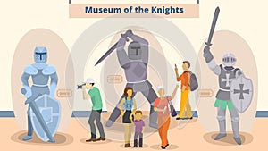 Museum of knights vector illustration. Different people visitors to museum exposition of medieval knighthood chivalry