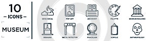 museum linear icon set. includes thin line geological, archivist, museum building, metal detector, acrylic, anthropology, remains