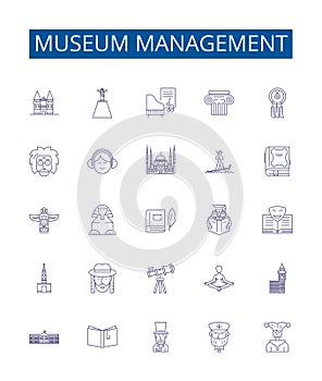 Museum management line icons signs set. Design collection of Curating, Exhibiting, Preserving, Fundraising, Financing