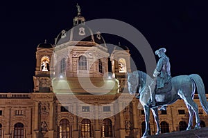 Museum of Natural History and Equestrian statue, at night - landmark attraction in Vienna, Austria.