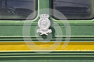 Museum for Railway Technology Novosibirsk. Coat of arms of the Union of Soviet Socialist Republics on the old railroad wagon. NOVO