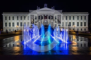 The museum of Szeged at night with fontain