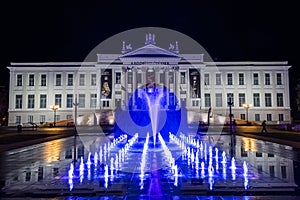 The museum of Szeged at night with fontain