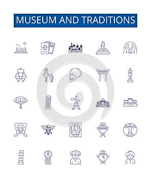 Museum and traditions line icons signs set. Design collection of museum, traditions, history, culture, heritage