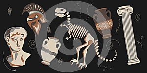 Museum vector. Historical museum. Statue, dinosaur fossil, ancient greek vase, papyrus, column. Flat illustration.