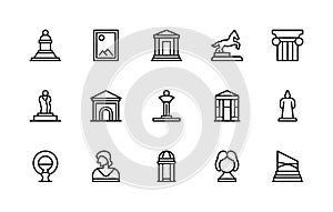 Museum vector linear icons set. Collection contains such icons as sculpture, painting, monument, statues and more