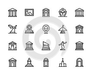 Museum vector linear icons set. Museum icons of art, story, culture, paintings, statues and more