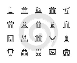 Museum vector linear icons set. Museum icons of monument, architecture, sculpture, statues and more