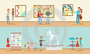 Museum Visitors Taking Museum Tour With And Without Guide Vector Illustrations