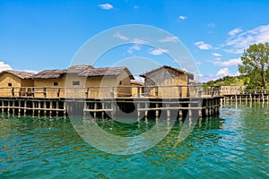 Museum on water, Bay of Bones, prehistoric pile-dwelling, recreation of bronze age settlement on Lake Ohrid, North Macedonia