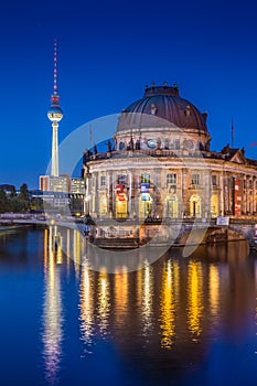 Museumsinsel with TV tower and Spree river at night, Berlin, Ger