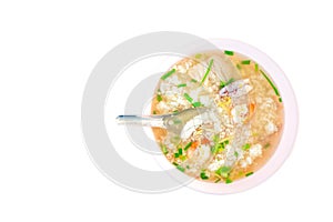 Mush on shrimp sea food on bowl and spoon isolated white background clipping path