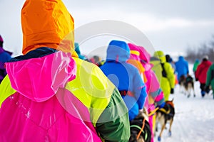 mushers dressed in brightly colored parkas for visibility