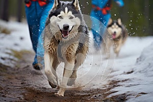 Mushing race, canicross style, dogs dash with speed and enthusiasm