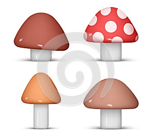 Mushroom 3d vector set. Cartoon plastic mushrooms. Isolated vector objects on a white background