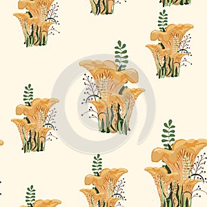 Mushroom autumn seamless pattern with forest wild mushrooms and herbs.