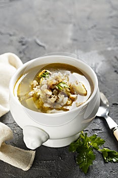 Mushroom barley soup with fresh parsley